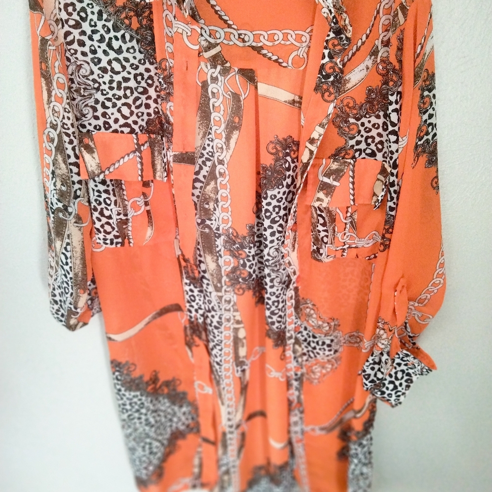 Orange Sheer Button Down Leopard Print/ Links Long Shirt Tunic (Split sides)